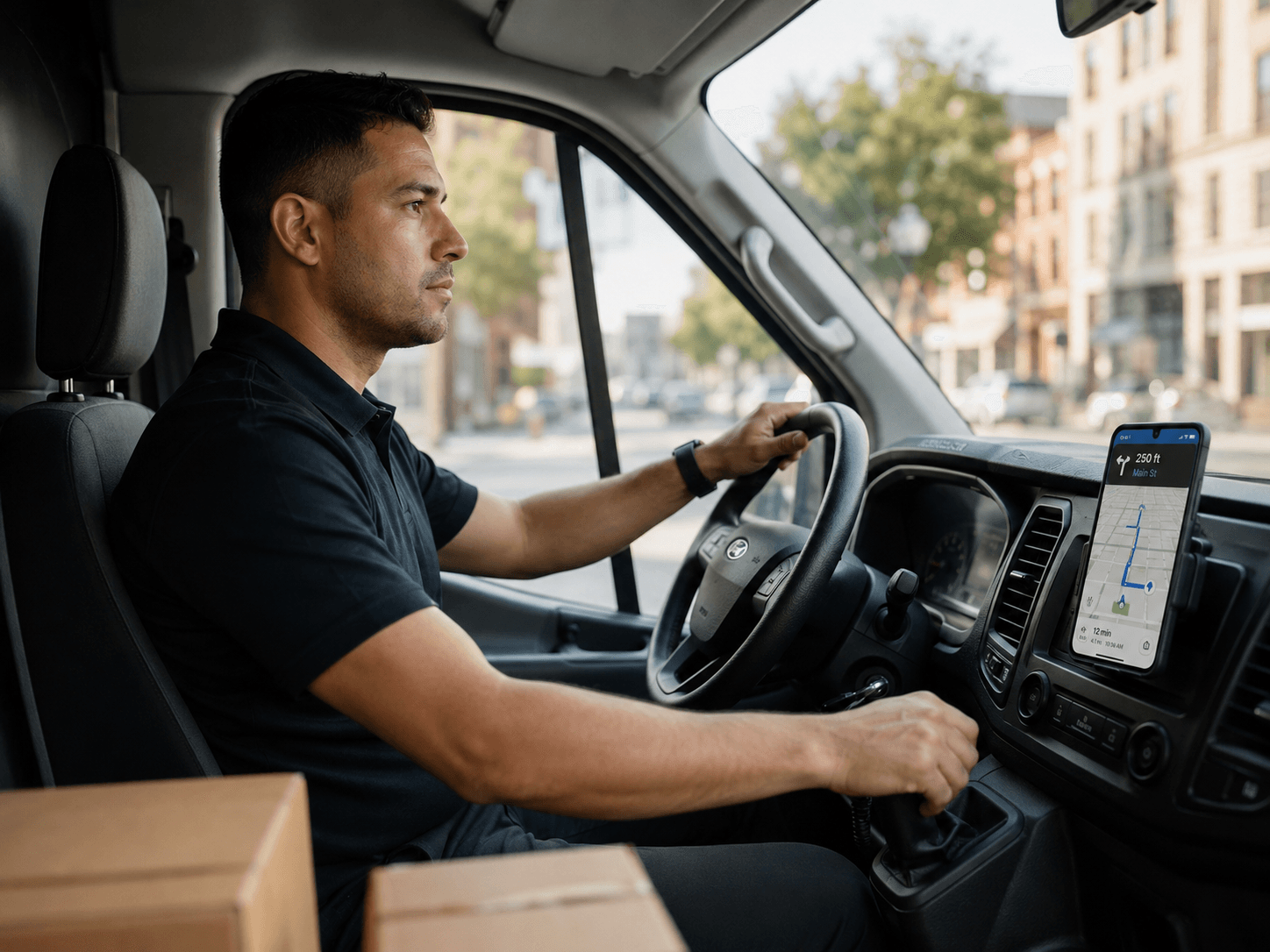 Delivery driver checking the next stop on the in-cabin navigation