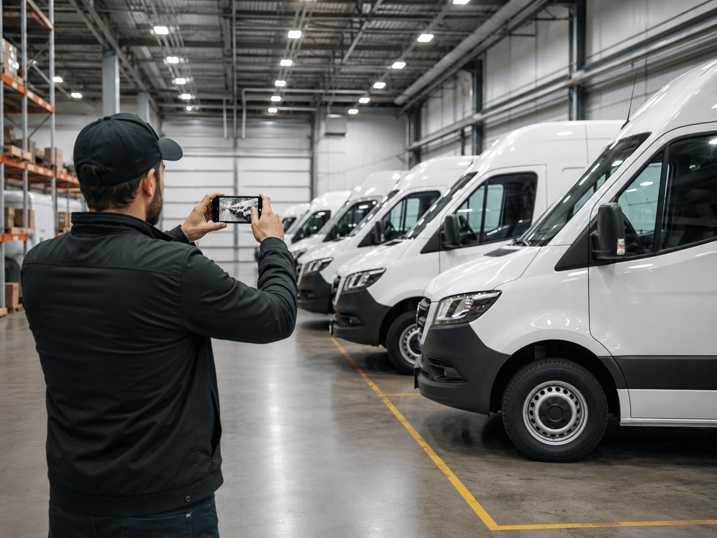 Operations manager photographing a lineup of delivery vans during pre-dispatch inspection