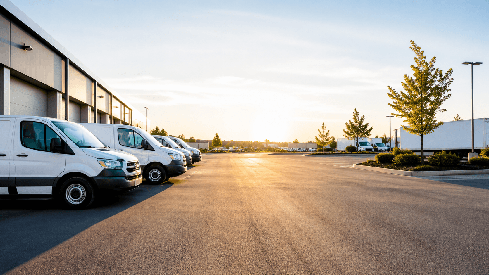 Commercial vehicle fleet at golden hour