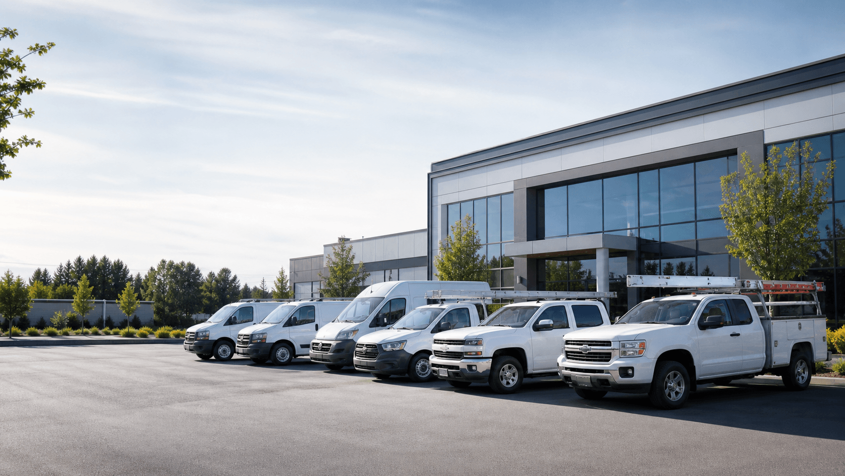 Mixed commercial fleet lined up outside a modern glass-facade facility