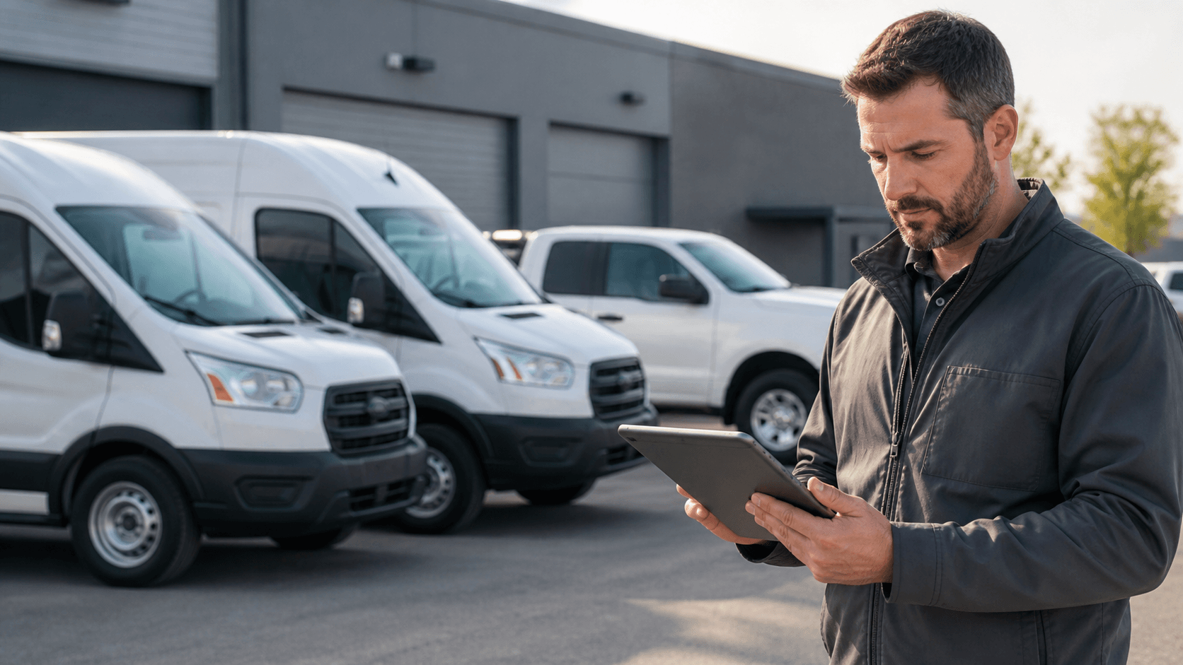 Fleet manager reviewing vehicle data on a tablet in front of parked vans