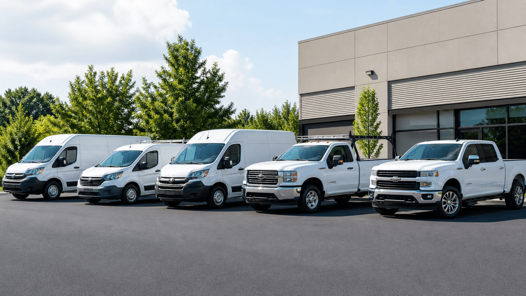 Service vehicles parked outside an operations facility